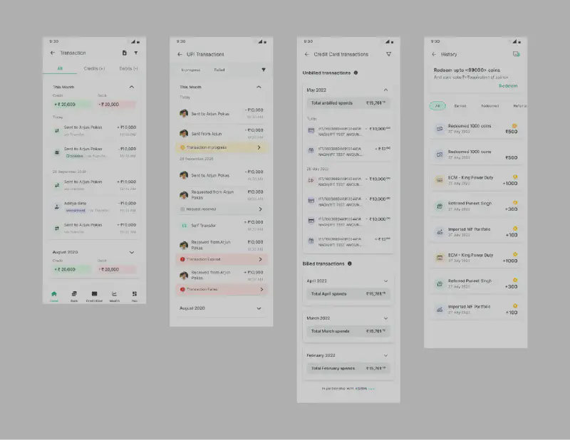 Old transactions page for debit card, UPI, credit card and coins.